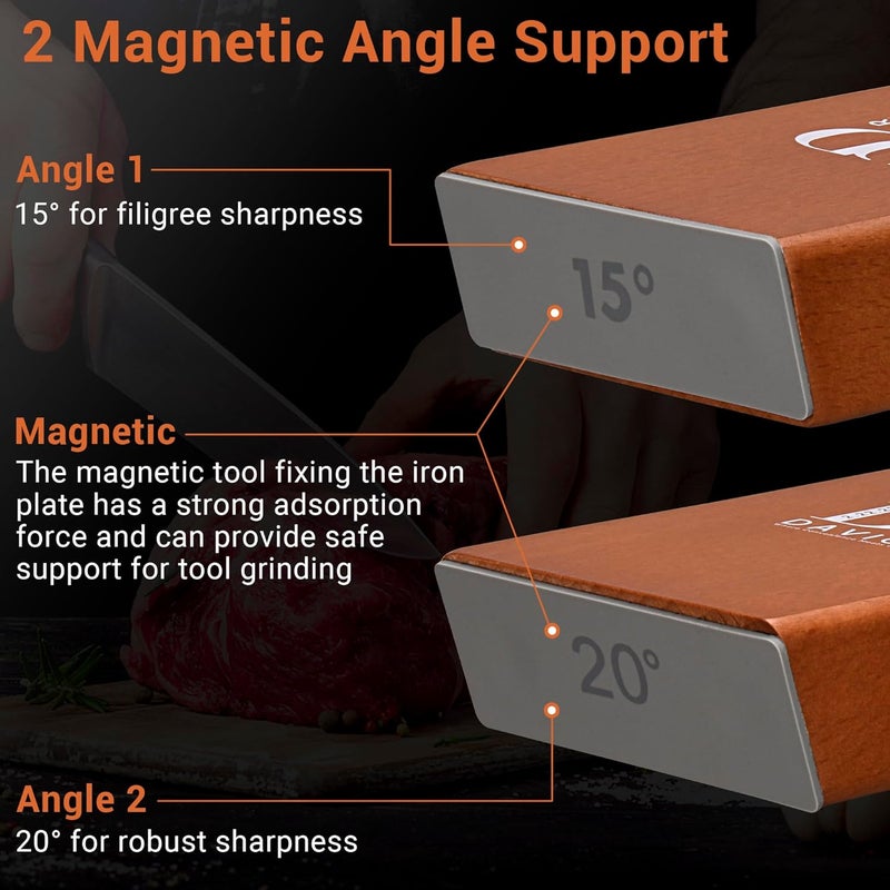 DAVIOR Rolling Knife Sharpener Kit with Diamond Discs, 15° & 20° Multi Angle Magnetic Knife Sharpener Roller Tool for Kitchen and Pocket Knives, Finger Protector, Leather Strop & Carry Bag - Image 2